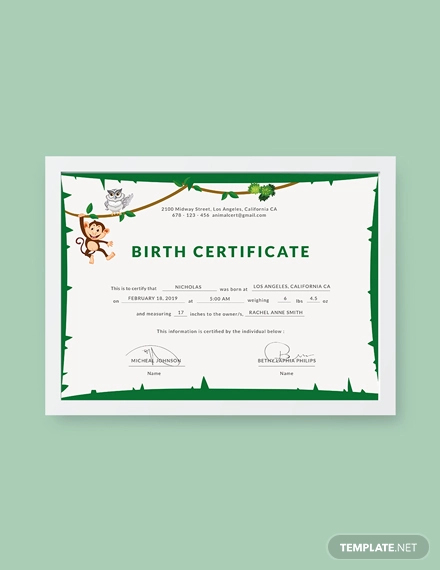 certificat de naissance d'animal gratuit