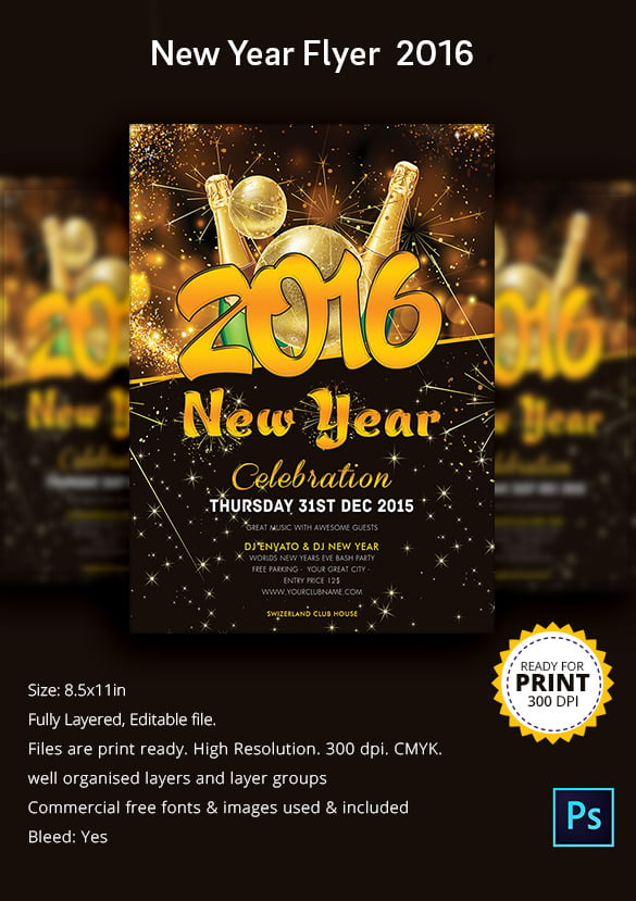 customizable print ready new year flyer 2016