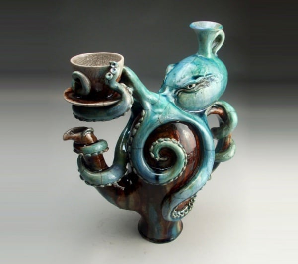ceramic sculpture artworks octopus with tea cup
