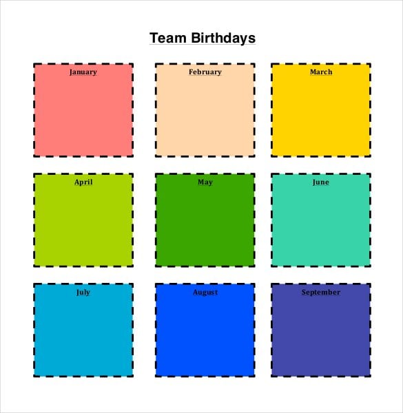 team birthday calendar template