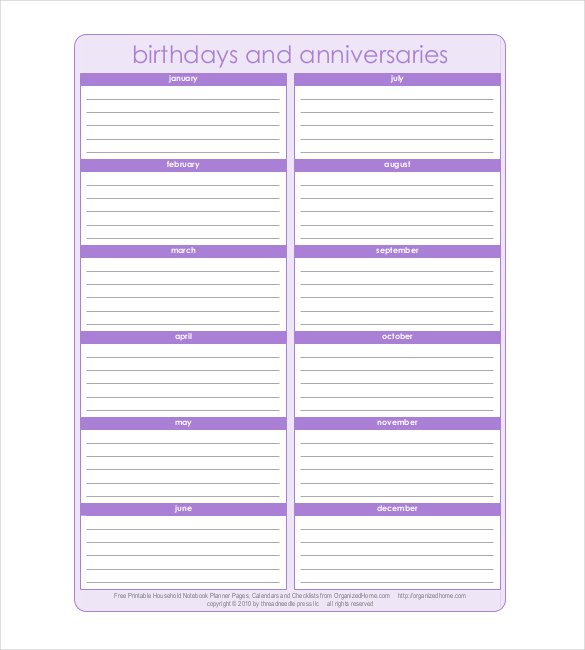 Free Printable Birthday And Anniversary Calendar