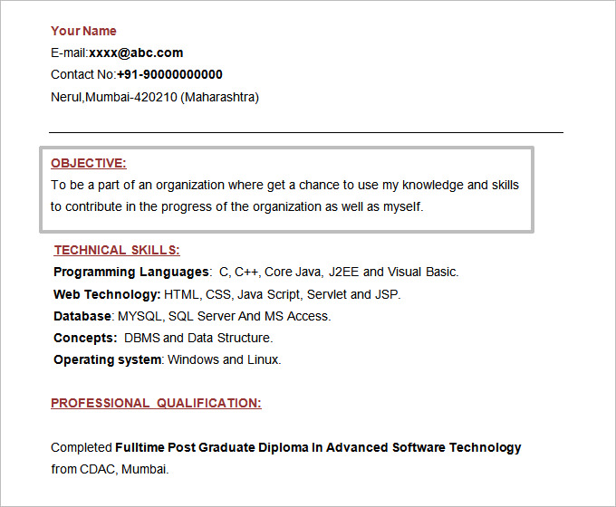 mca fresher resume template