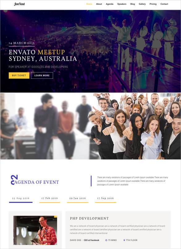 one page event planning website html template