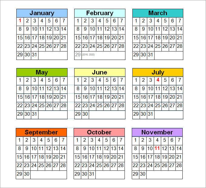 perpetual calendar on 1 page year overview