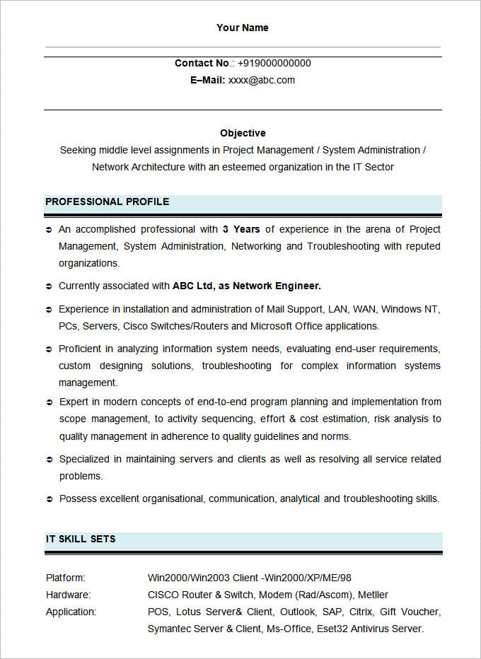 sample network engineering student resume template
