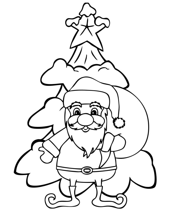 santa with x mas tree coloring page