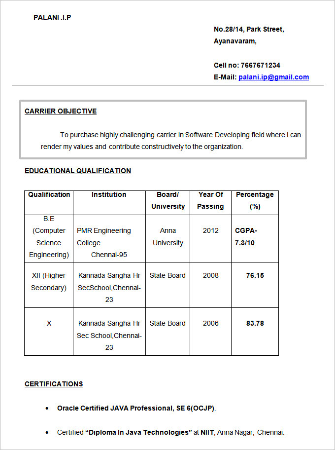 Mca fresher resume objective