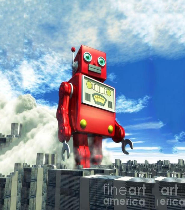 the red tin robot and the city canvas print