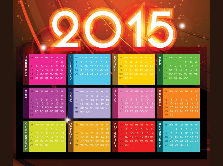colorful month block with glowing 2015 typography heder
