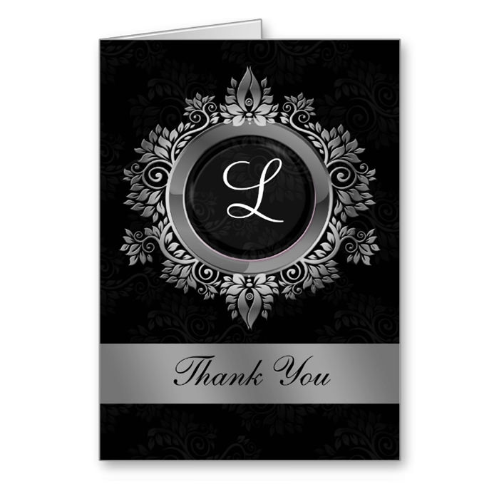 flourish silver monogram wedding thank you greeting cards