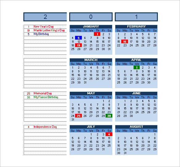 free excel calendar schedule template with note