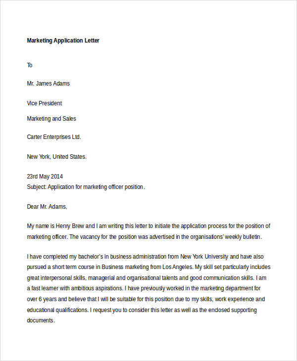 marketing application letter templates