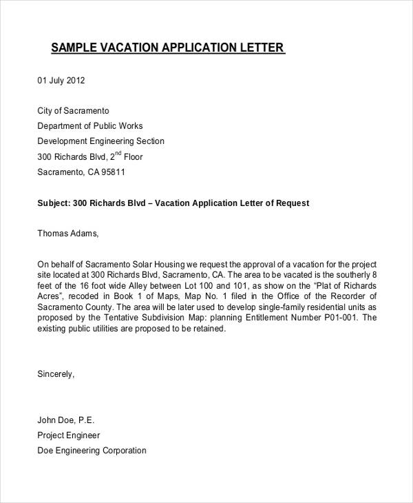 holiday leave application letter for office