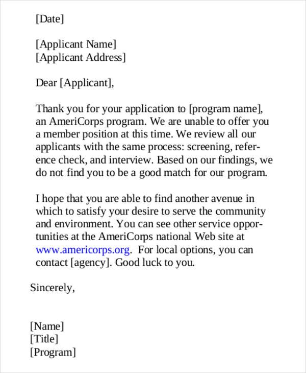 application rejection letter templates