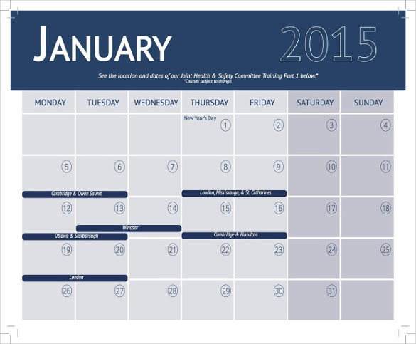 015 training calendar template