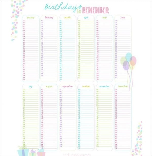 birthday printable calendar