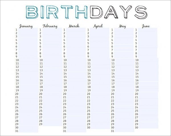 Downloadable Type Fillable Birthday Calendar Templates