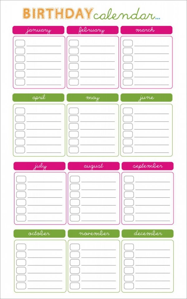 45+ Birthday Calendar Templates - PSD, PDF, Excel