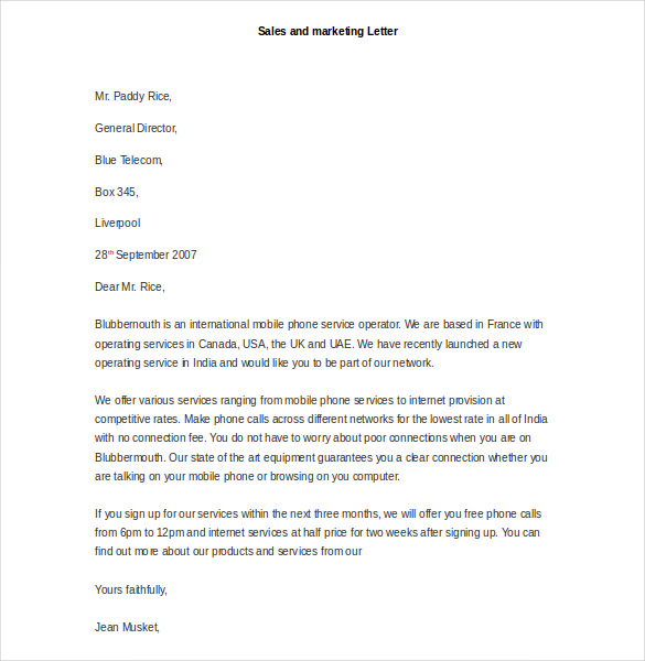 sales and marketing application letter sample