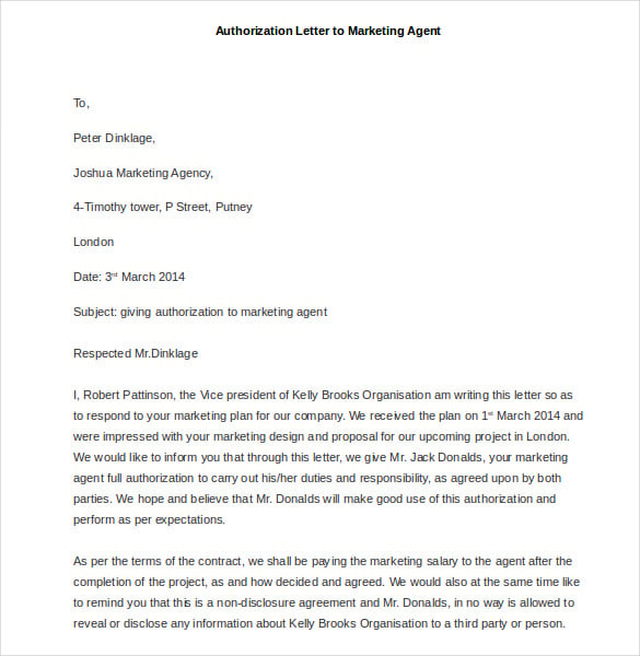 sample authorization letter to marketing agent