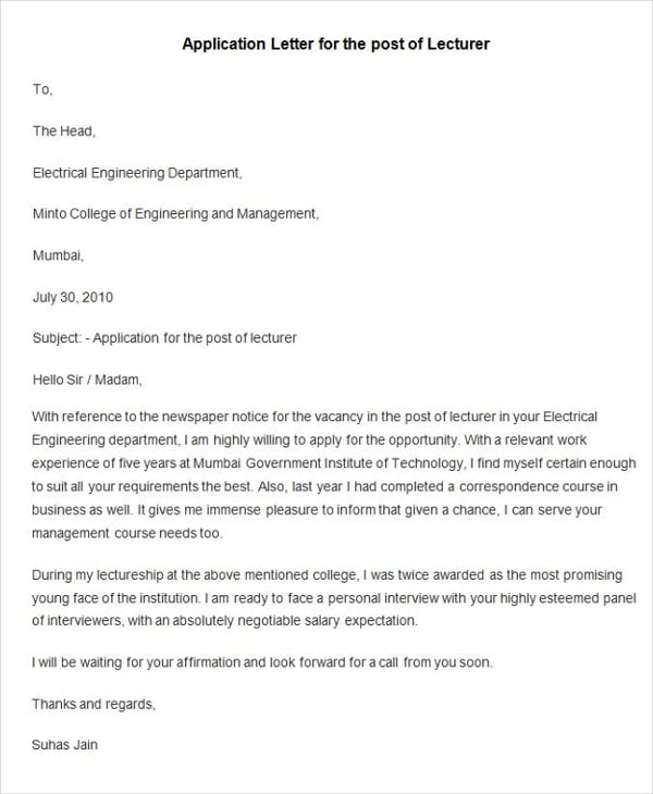 sample application letter for the post of lecturer