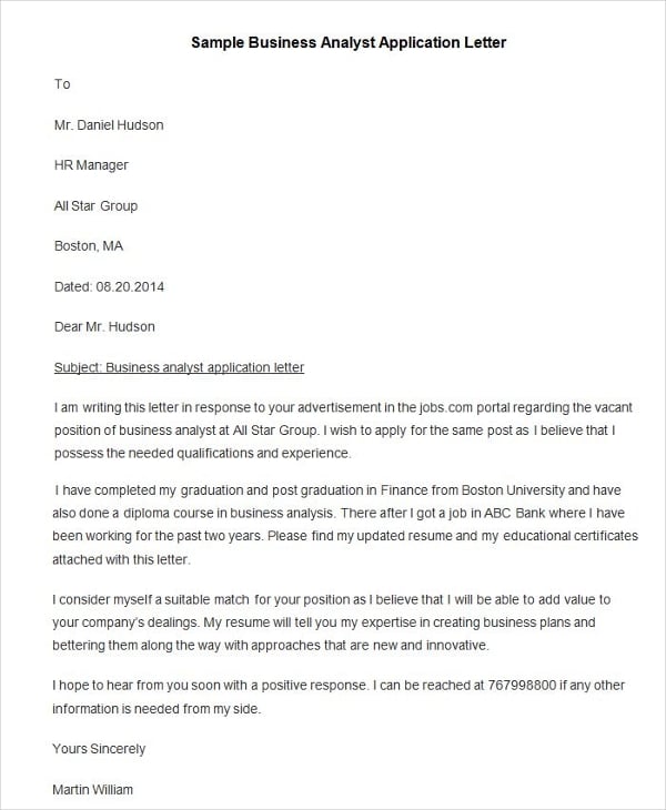 sample business analyst application letter
