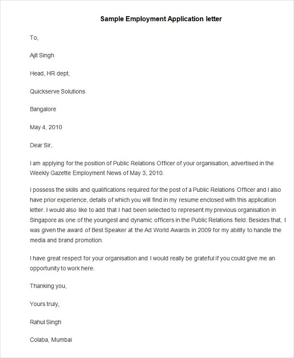 samples of employment application letter