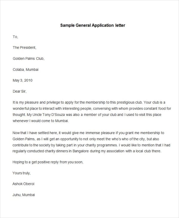 sample general application letter