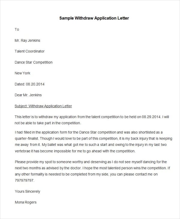 sample withdraw application letter