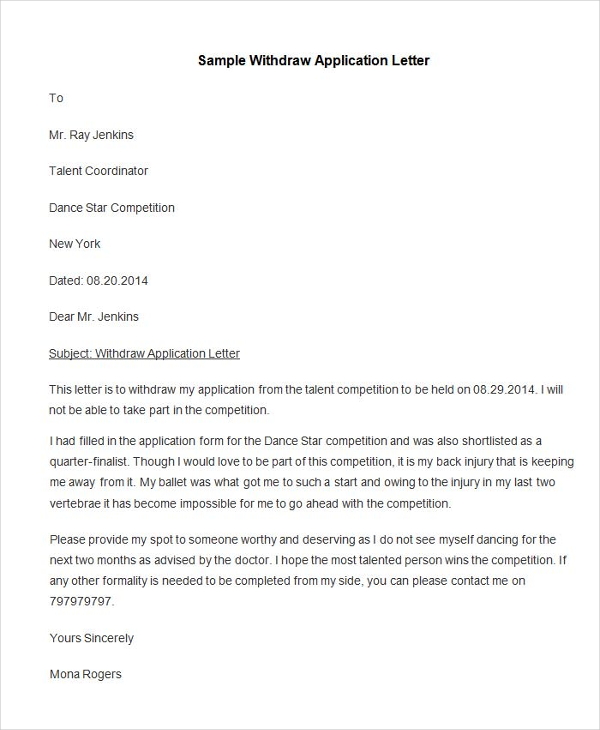 an application letter for withdrawal