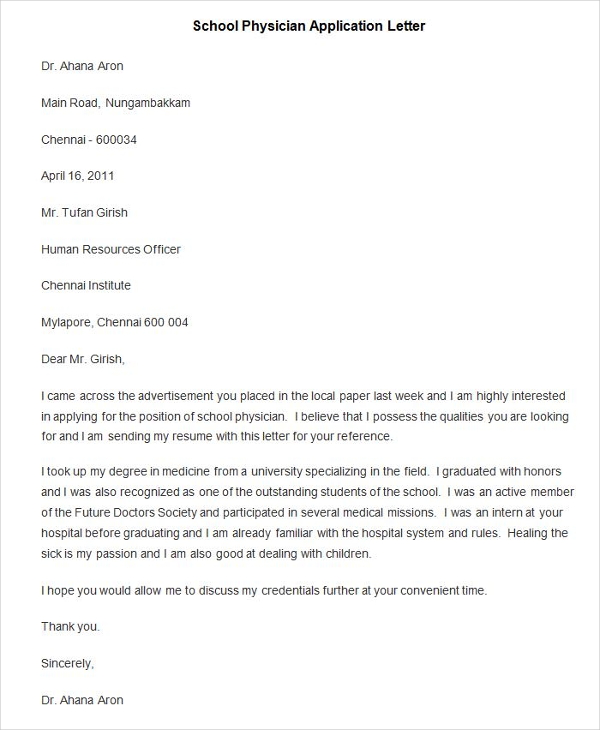 Examples Of School Application Letters