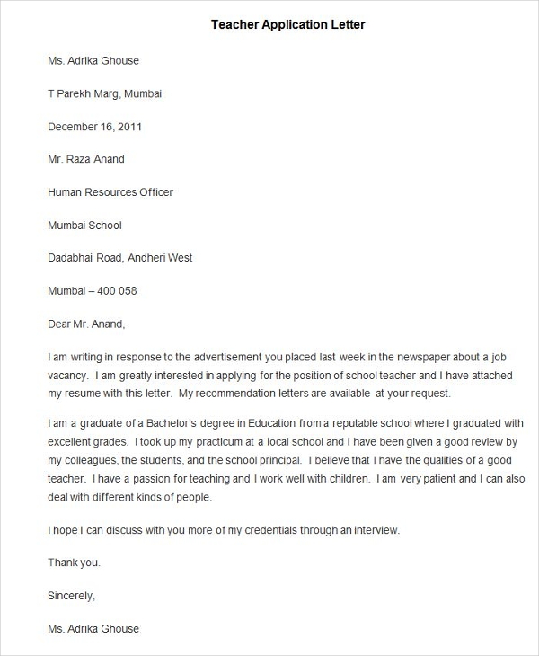 sample teacher application letter