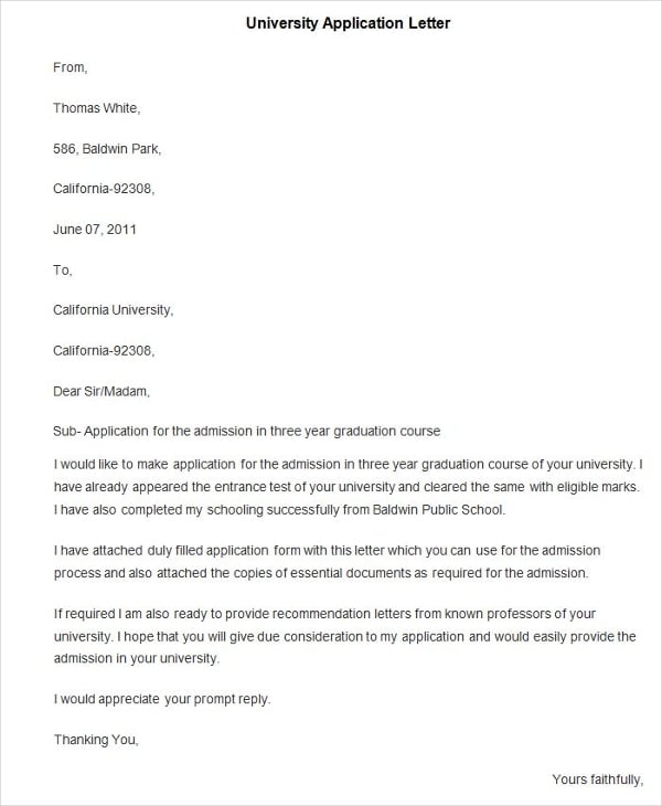application letter for university sample