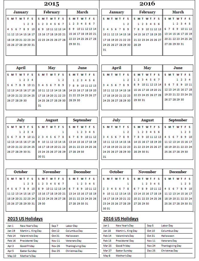 2015 calendar 2 years