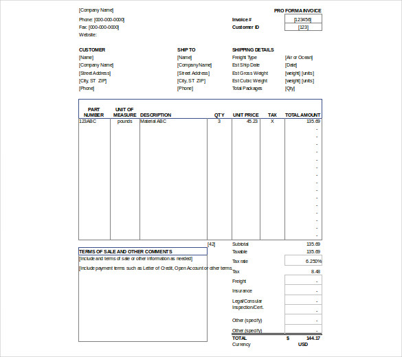 proforma invoice template xls format