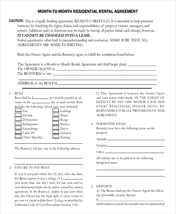 month to month residential rental agreement free pdf download