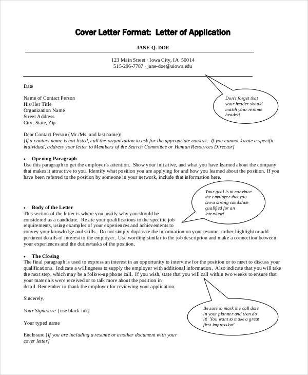 application cover letter format template