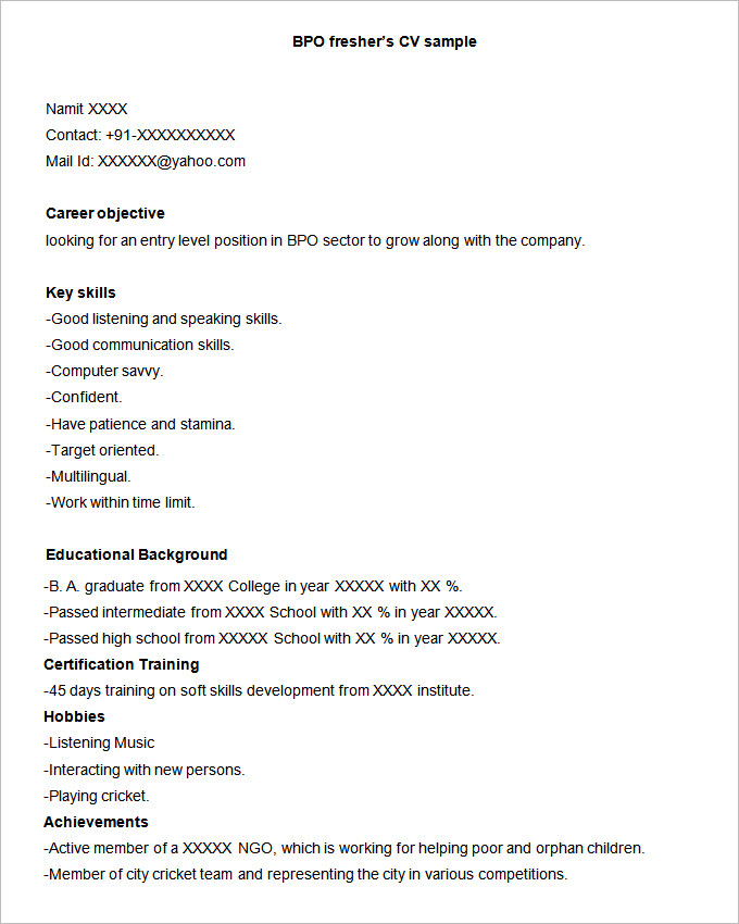 resume format bpo experience