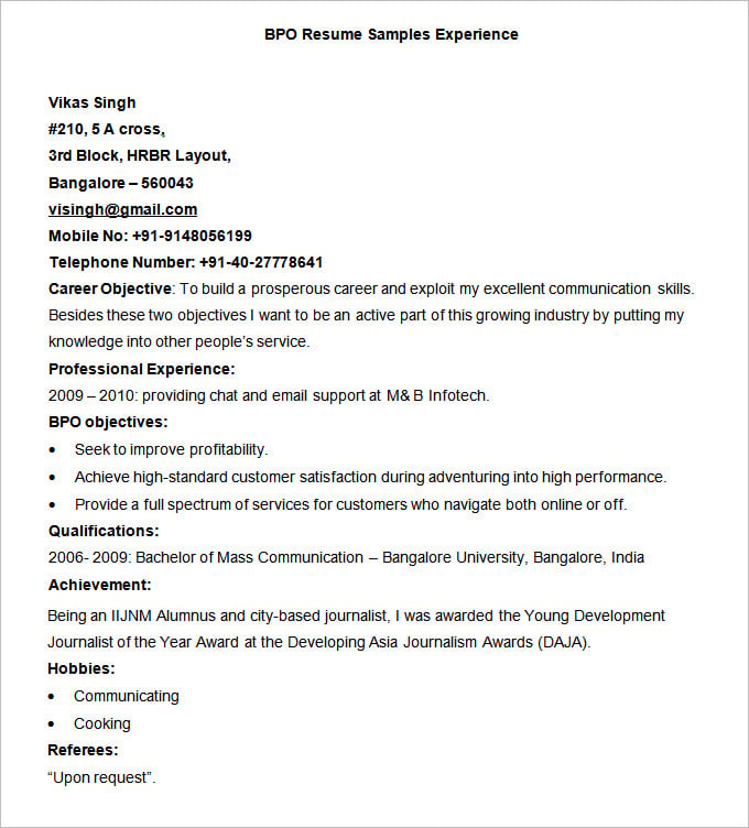 sample resume for 6 months experience in bpo