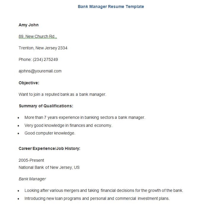 resume format in word for bank job