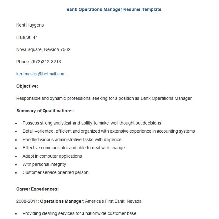 bank operations manager resume template download