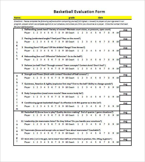 12 Free Basketball Evaluation Forms