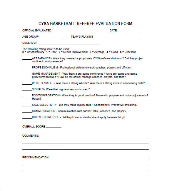 basketball referee evaluation form