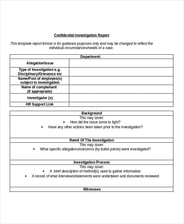 confidential investigation report form template