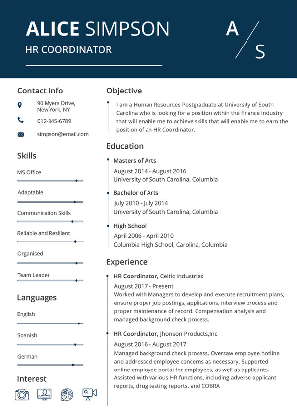 hr coordinator resume template in publisher