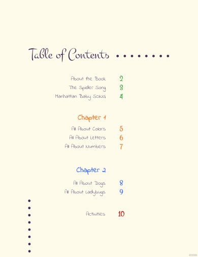 kids table of contents template