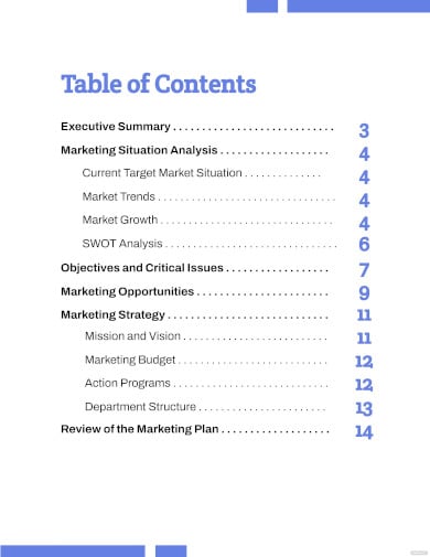 marketing plan table of contents template