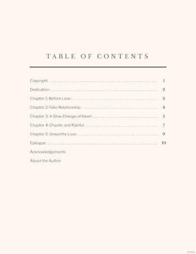 novel table of contents template
