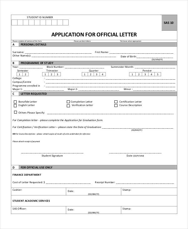official application letter format