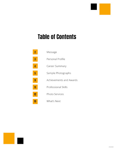 portfolio table of contents template